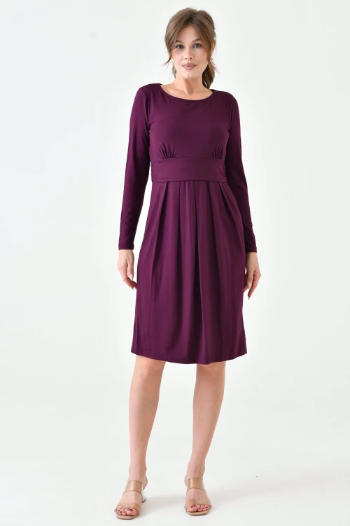 Mor Bisiklet Yaka Pileli Geniş Kesim Hamile Elbisesi BC25PKN20