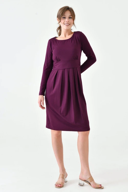 Mor Bisiklet Yaka Pileli Geniş Kesim Hamile Elbisesi BC25PKN20
