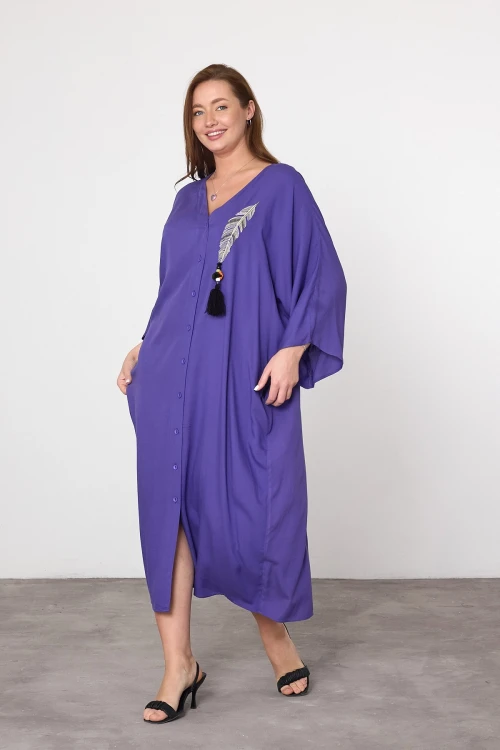 Maxi Boy Mor Nakış İşlemeli Dokuma Viscon Elbise BCVL-25V039