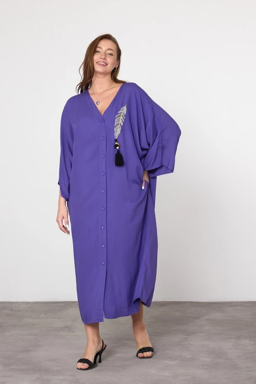 Maxi Boy Mor Nakış İşlemeli Dokuma Viscon Elbise BCVL-25V039