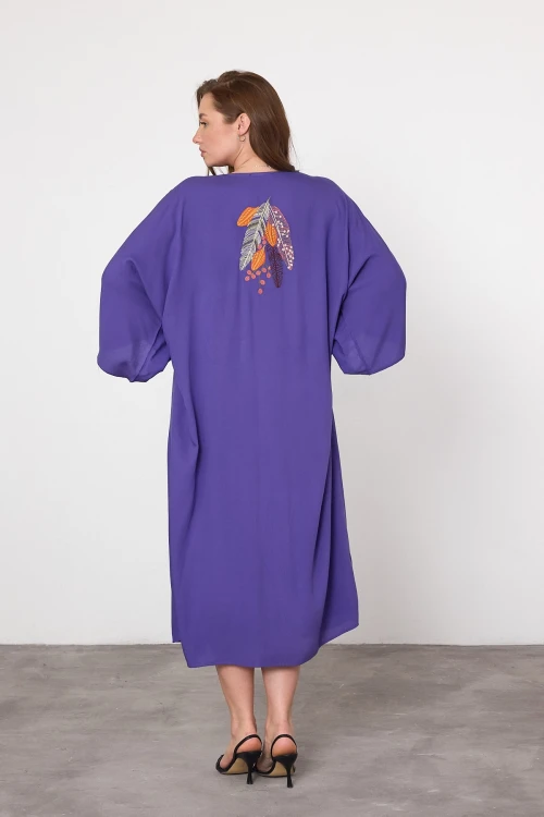 Maxi Boy Mor Nakış İşlemeli Dokuma Viscon Elbise BCVL-25V039