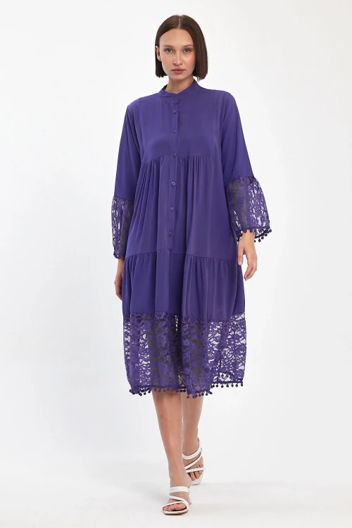 Maxi Boy Mor Tül Detaylı Uzun Boy Dokuma Viscon Elbise BCVL-25983