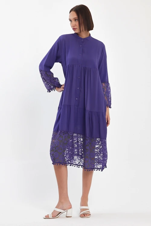 Maxi Boy Mor Tül Detaylı Uzun Boy Dokuma Viscon Elbise BCVL-25983