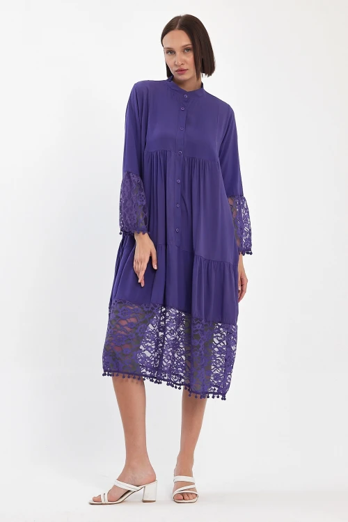 Maxi Boy Mor Tül Detaylı Uzun Boy Dokuma Viscon Elbise BCVL-25983