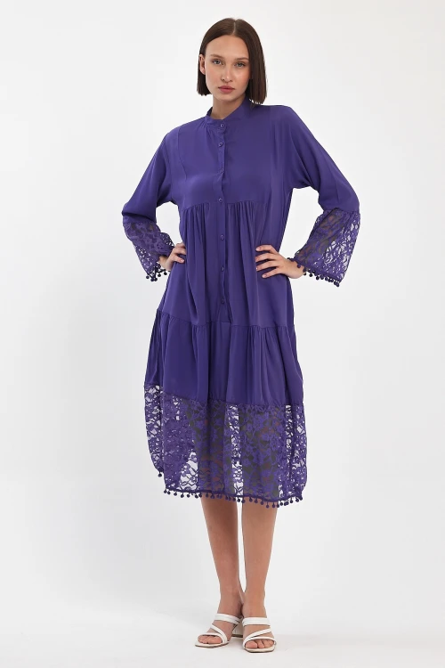 Maxi Boy Mor Tül Detaylı Uzun Boy Dokuma Viscon Elbise BCVL-25983