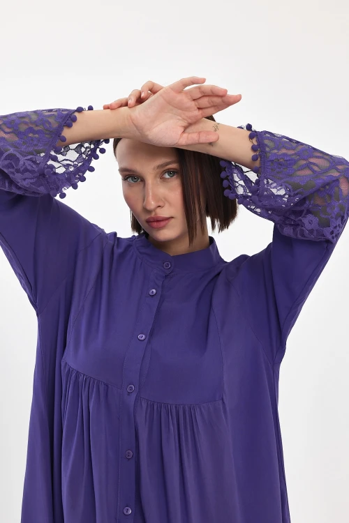 Maxi Boy Mor Tül Detaylı Uzun Boy Dokuma Viscon Elbise BCVL-25983