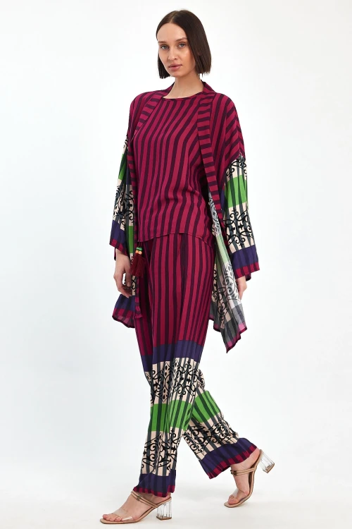 Maxi Boy Mürdüm Baskılı Kimono Ve Pantolon Dokuma Viscon Alt Üst Takım BCVL-251042