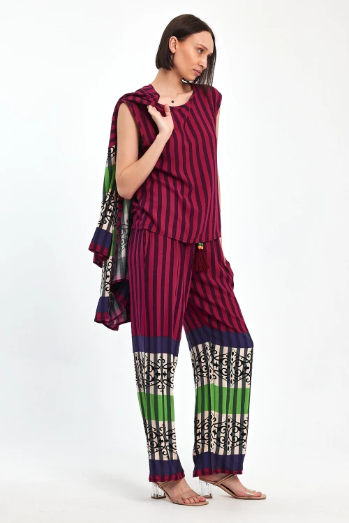 Maxi Boy Mürdüm Baskılı Kimono Ve Pantolon Dokuma Viscon Alt Üst Takım BCVL-251042