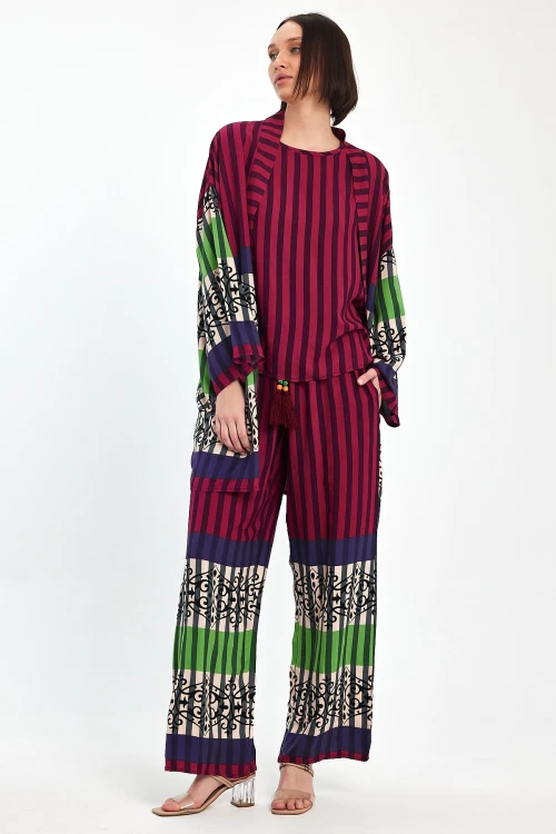Maxi Boy Mürdüm Baskılı Kimono Ve Pantolon Dokuma Viscon Alt Üst Takım BCVL-251042