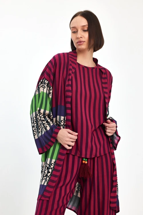 Maxi Boy Mürdüm Baskılı Kimono Ve Pantolon Dokuma Viscon Alt Üst Takım BCVL-251042