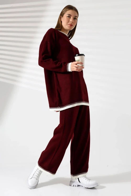 Mürdüm Bisiklet Yaka Çoban Dikişli Kazak Ve Palazzo Triko Alt Üst Takım BCES-241004