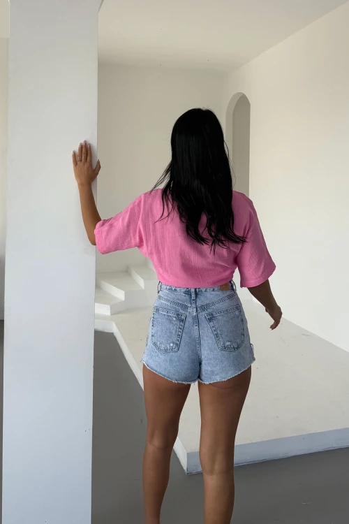 Pembe Müslin Keten Bağlamalı Bluz BCBT-251000