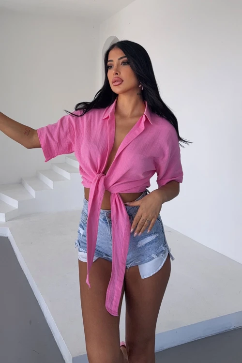 Pembe Müslin Keten Bağlamalı Bluz BCBT-251000