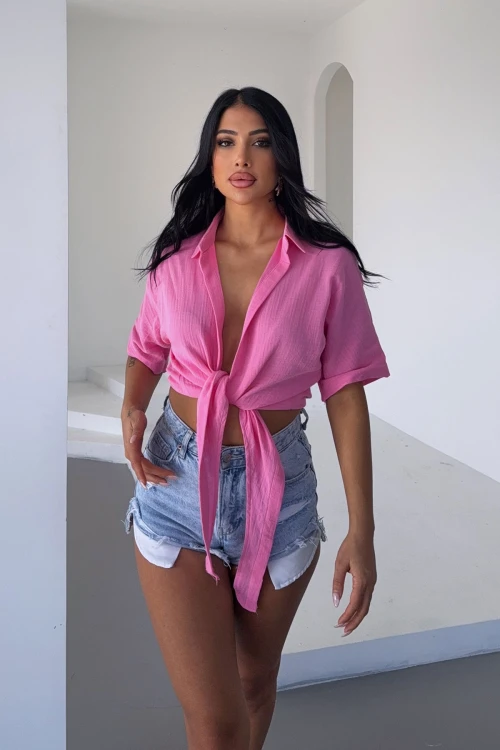 Pembe Müslin Keten Bağlamalı Bluz BCBT-251000