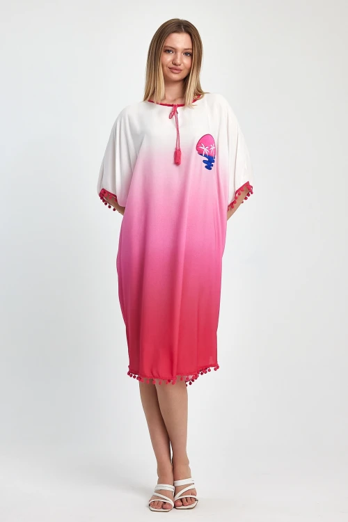 Maxi Boy Pembe Nakış İşlemeli Püsküllü Dokuma Viscon Elbise BCVL-251014