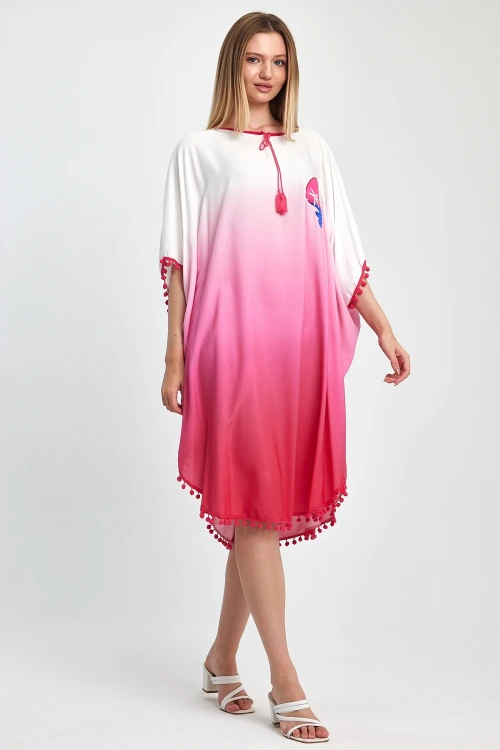 Maxi Boy Pembe Nakış İşlemeli Püsküllü Dokuma Viscon Elbise BCVL-251014