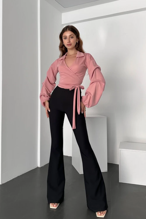 Pudra Kruvaze Yaka Beli Bağlamalı Balon Kol Bluz BCDF-242114