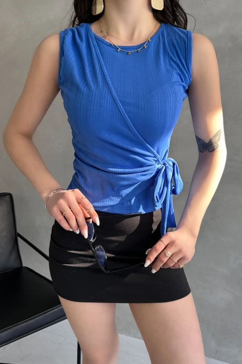 Saks Askılı Önü Kruvaze Bağlamalı Bluz BCDF-252180