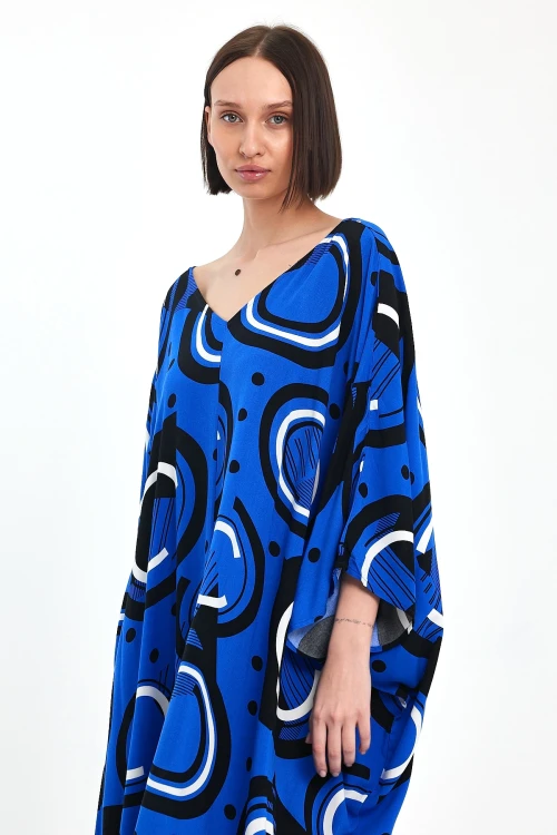 Maxi Boy Saks Baskılı Dokuma Viscon Elbise BCVL-251067