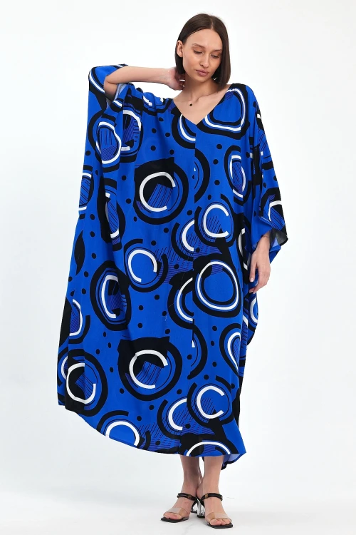 Maxi Boy Saks Baskılı Dokuma Viscon Elbise BCVL-251067