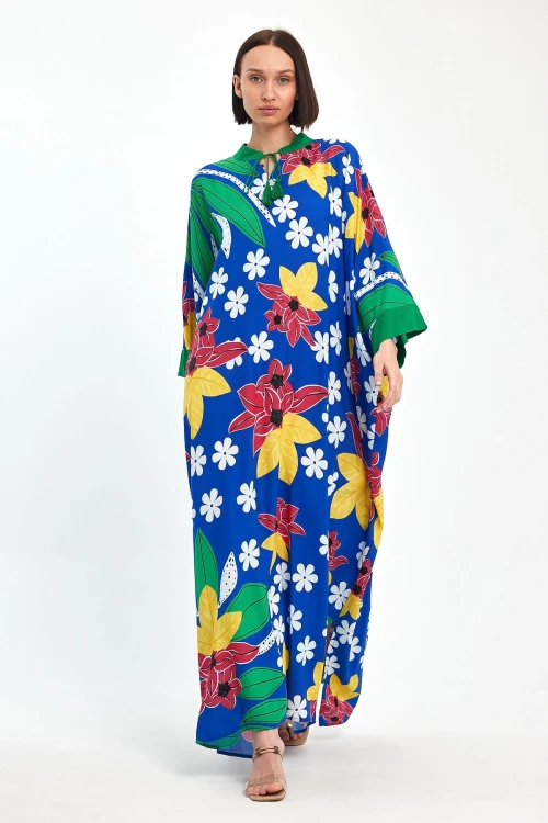 Maxi Boy Saks Baskılı Dokuma Viscon Elbise BCVL-251069