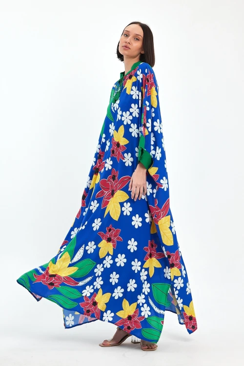 Maxi Boy Saks Baskılı Dokuma Viscon Elbise BCVL-251069