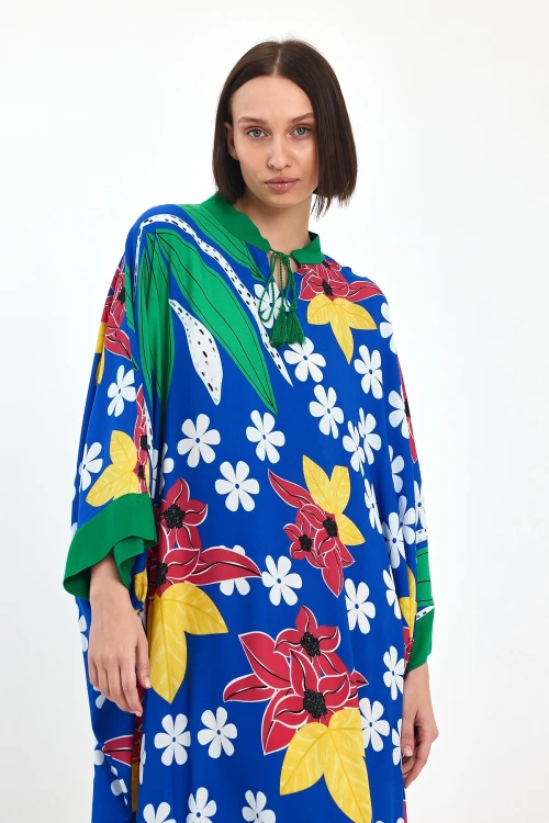 Maxi Boy Saks Baskılı Dokuma Viscon Elbise BCVL-251069