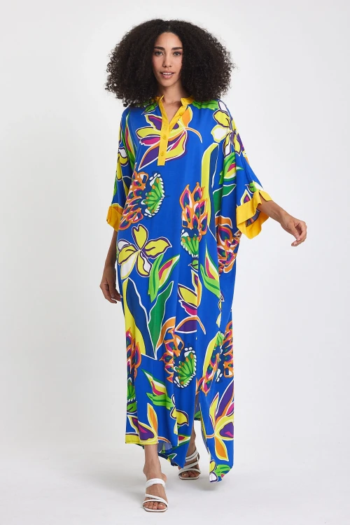 Maxi Boy Saks Hakim Yaka Çiçek Desenli Uzun Boy Dokuma Elbise BCVL-24969