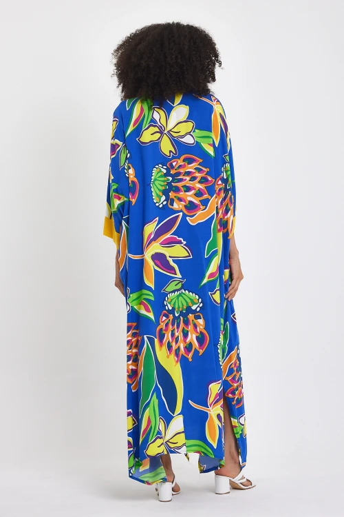 Maxi Boy Saks Hakim Yaka Çiçek Desenli Uzun Boy Dokuma Elbise BCVL-24969