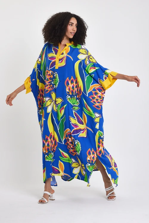 Maxi Boy Saks Hakim Yaka Çiçek Desenli Uzun Boy Dokuma Elbise BCVL-24969