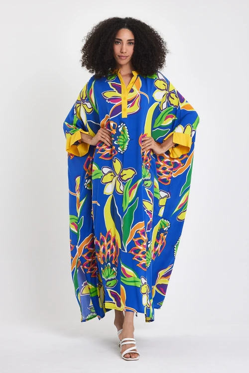 Maxi Boy Saks Hakim Yaka Çiçek Desenli Uzun Boy Dokuma Elbise BCVL-24969