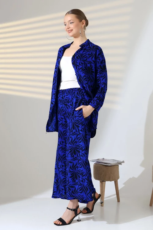 Saks Hakim Yaka Gömlek Ve Rahat Kesim Pantolon Dokuma Alt Üst Takım BCVL-25V053