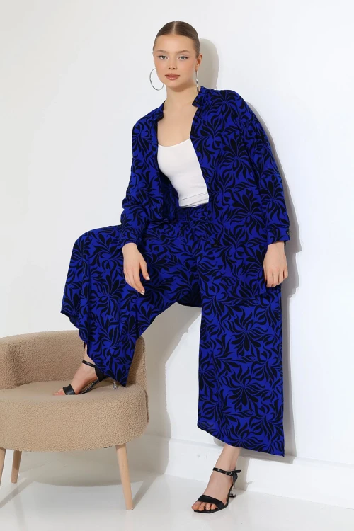 Saks Hakim Yaka Gömlek Ve Rahat Kesim Pantolon Dokuma Alt Üst Takım BCVL-25V053