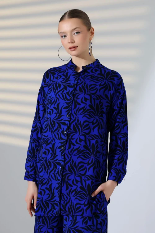 Saks Hakim Yaka Gömlek Ve Rahat Kesim Pantolon Dokuma Alt Üst Takım BCVL-25V053