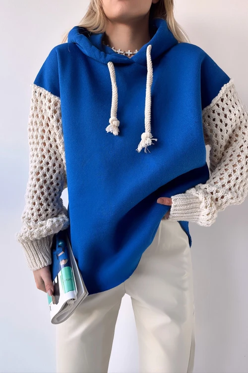 Saks Kapüşonlu Kolları Triko Örgülü 3 İplik Sweatshirt BC24YG154Y