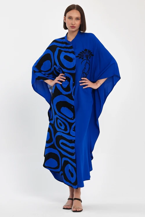 Maxi Boy Saks Nakış İşlemeli Dokuma Viscon Elbise BCVL-251033