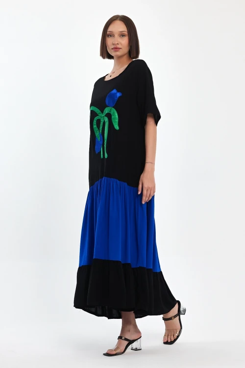 Maxi Boy Saks Nakış İşlemeli Dokuma Viscon Elbise BCVL-251041