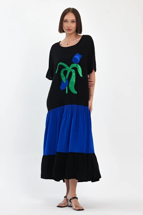 Maxi Boy Saks Nakış İşlemeli Dokuma Viscon Elbise BCVL-251041