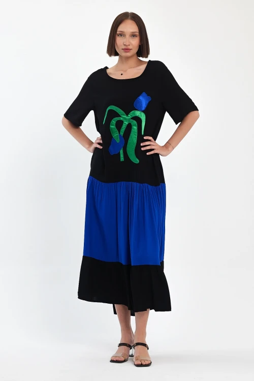 Maxi Boy Saks Nakış İşlemeli Dokuma Viscon Elbise BCVL-251041