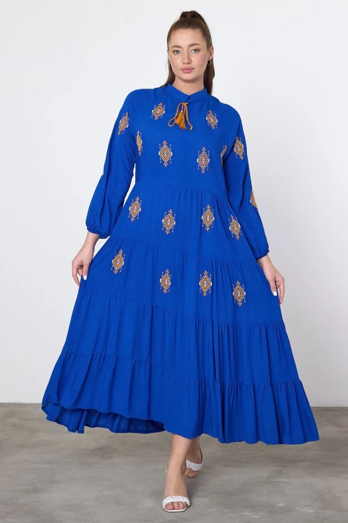 Saks Nakış İşlemeli Maxi Boy Dokuma Viscon Elbise