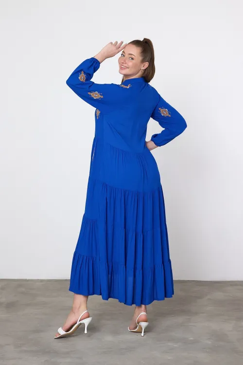 Saks Nakış İşlemeli Maxi Boy Dokuma Viscon Elbise