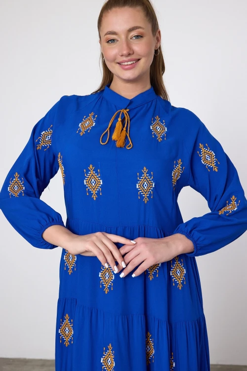 Saks Nakış İşlemeli Maxi Boy Dokuma Viscon Elbise