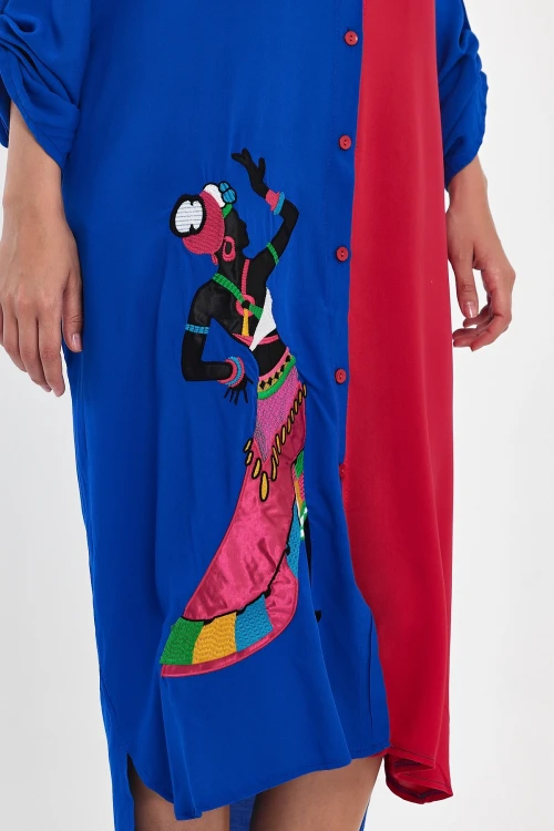 Maxi Boy Saks Nakış İşlemeli Dokuma Viscon Elbise BCVL-25991