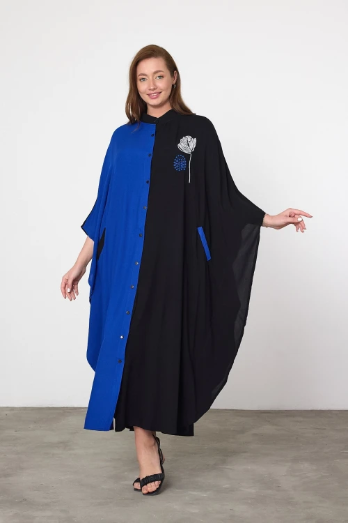 Maxi Boy Saks Nakış İşlemeli Dokuma Viscon Elbise BCVL-25993