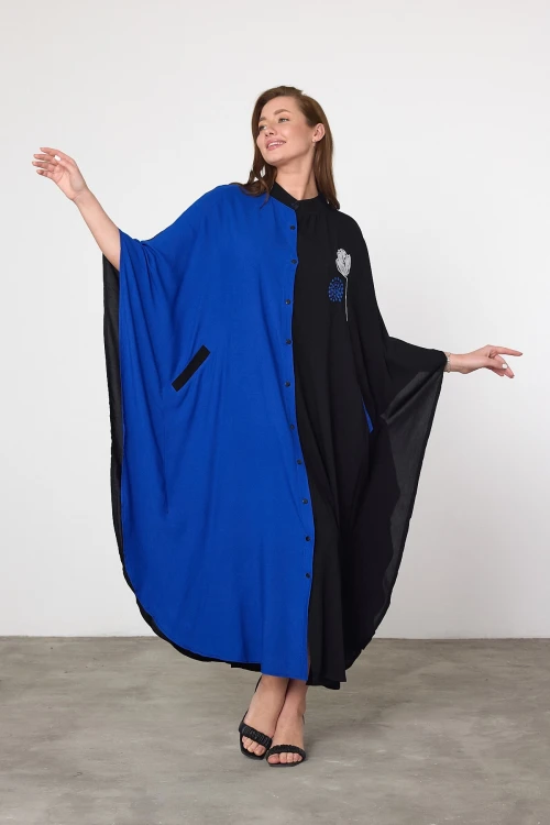 Maxi Boy Saks Nakış İşlemeli Dokuma Viscon Elbise BCVL-25993