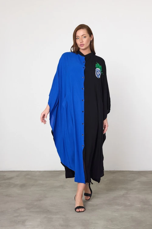 Maxi Boy Saks Nakış İşlemeli Dokuma Viscon Elbise BCVL-25994