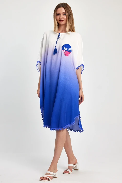 Maxi Boy Saks Nakış İşlemeli Püsküllü Dokuma Viscon Elbise BCVL-251014