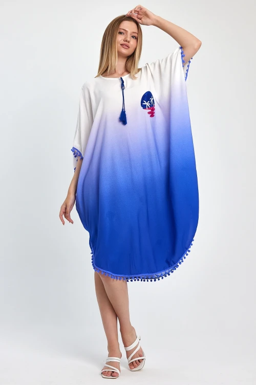 Maxi Boy Saks Nakış İşlemeli Püsküllü Dokuma Viscon Elbise BCVL-251014