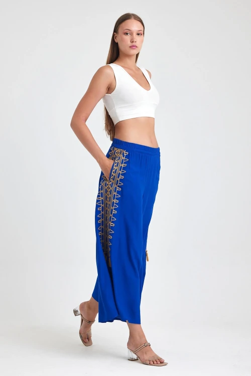 Maxi Boy Saks Nakış İşlemeli Rahat Kalıp Şalvar Pantolon BCVL-25929