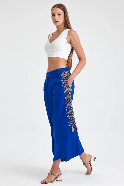 Maxi Boy Saks Nakış İşlemeli Rahat Kalıp Şalvar Pantolon BCVL-25929